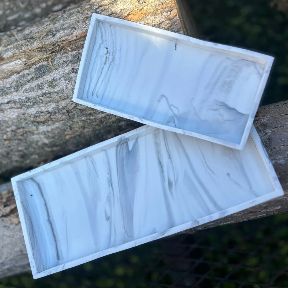 Tray Silicone Soap Dish Set, 2 Pcs White Marble Pattern, Rectangular Design with
